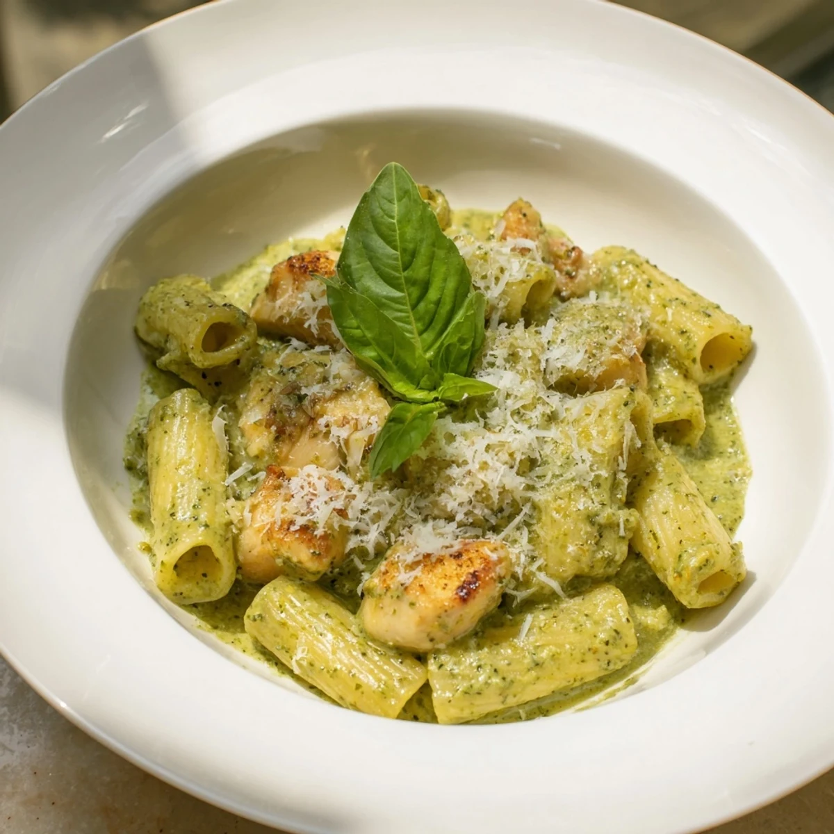 Creamy pesto penne & chicken, a vibrant Italian pasta with tender chicken and basil-infused cream sauce.