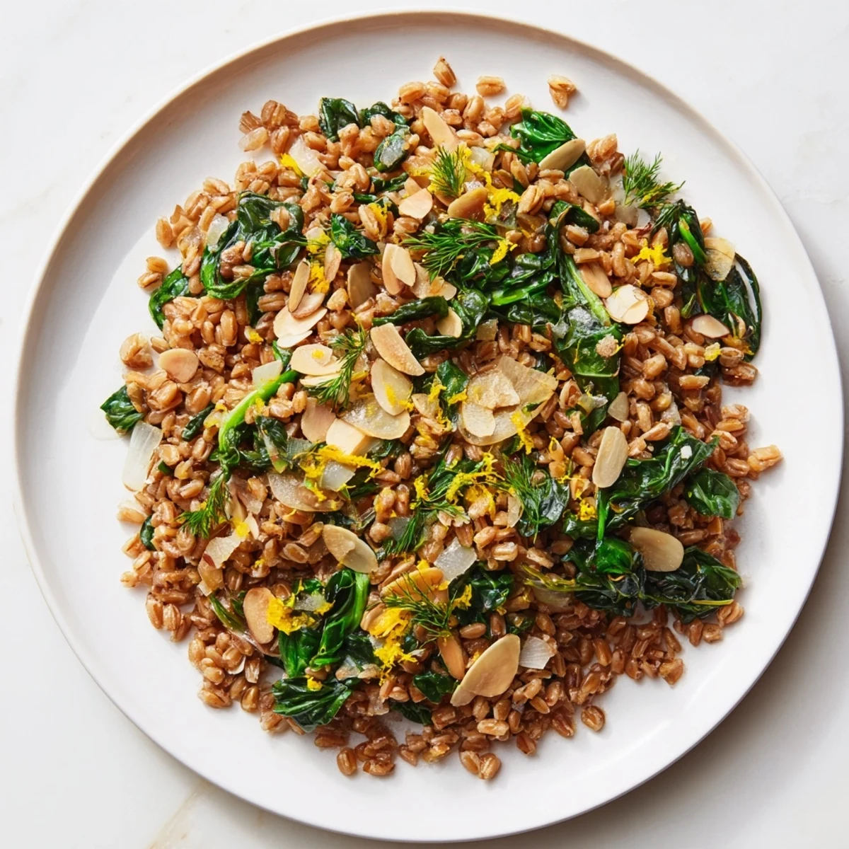 A Mediterranean-inspired Warm Farro & Greens Pilaf, served warm, with a sprinkle of feta for extra flavor.