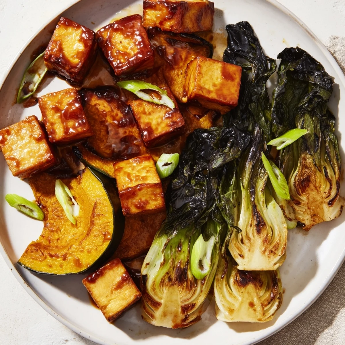 Golden-brown Miso-Glazed Tofu alongside tender roasted winter squash and bok choy, looking delicious.