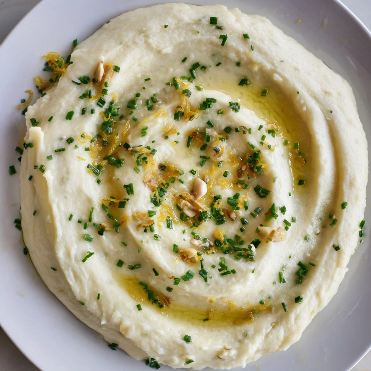 Creamy cauliflower mash with garlic and lemon, a vibrant side, ready to serve with fresh herbs.