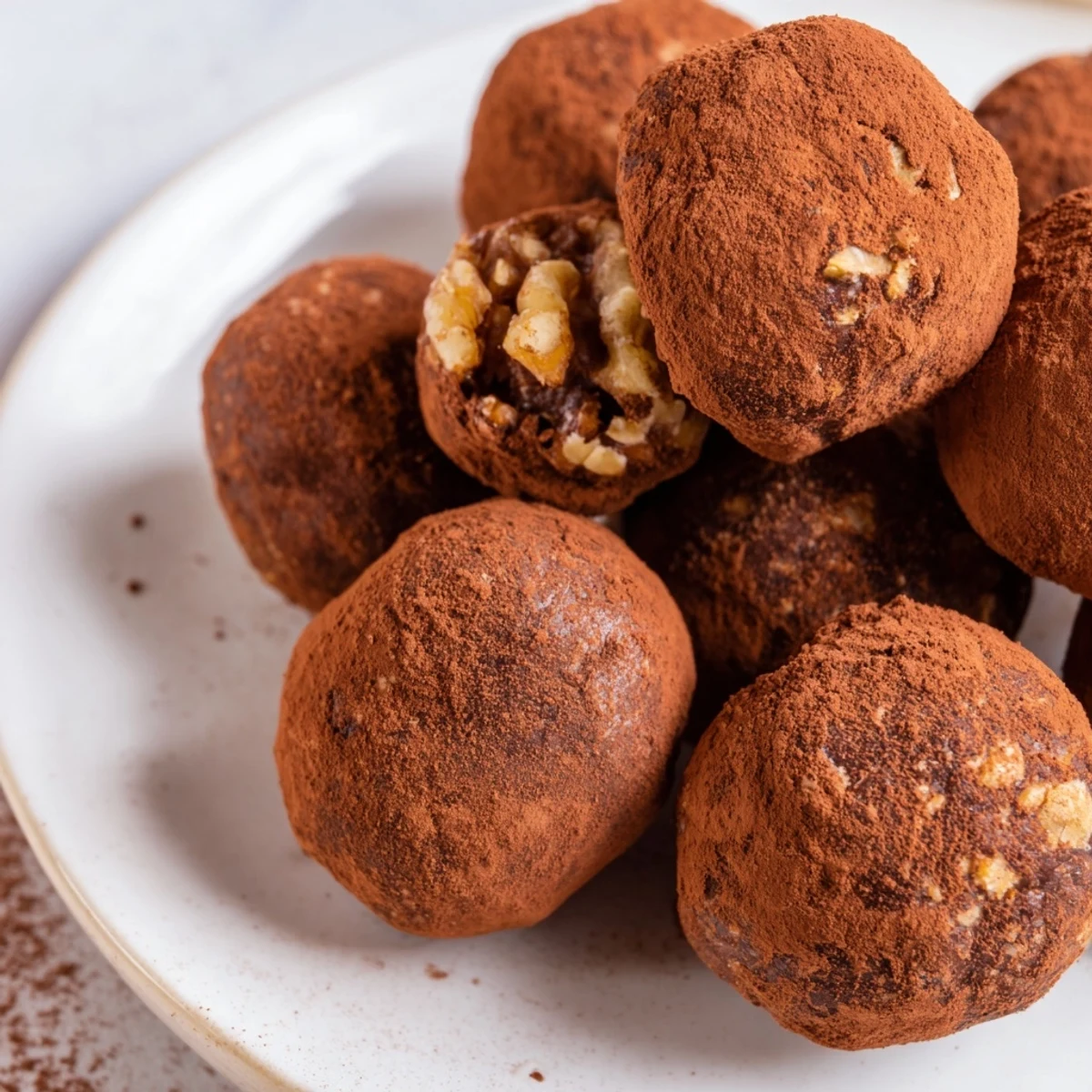 Date & Walnut Truffles, coated in rich cocoa, ready to enjoy as a decadent, healthy dessert.