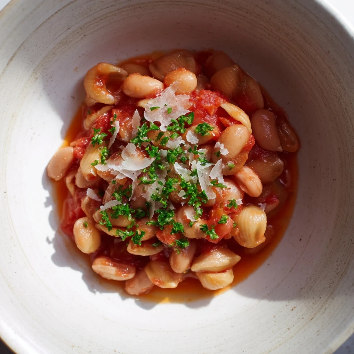 Steaming bowl of Pasta e Fagioli Soup, garnished with fresh parsley and Parmesan cheese, ready to eat.