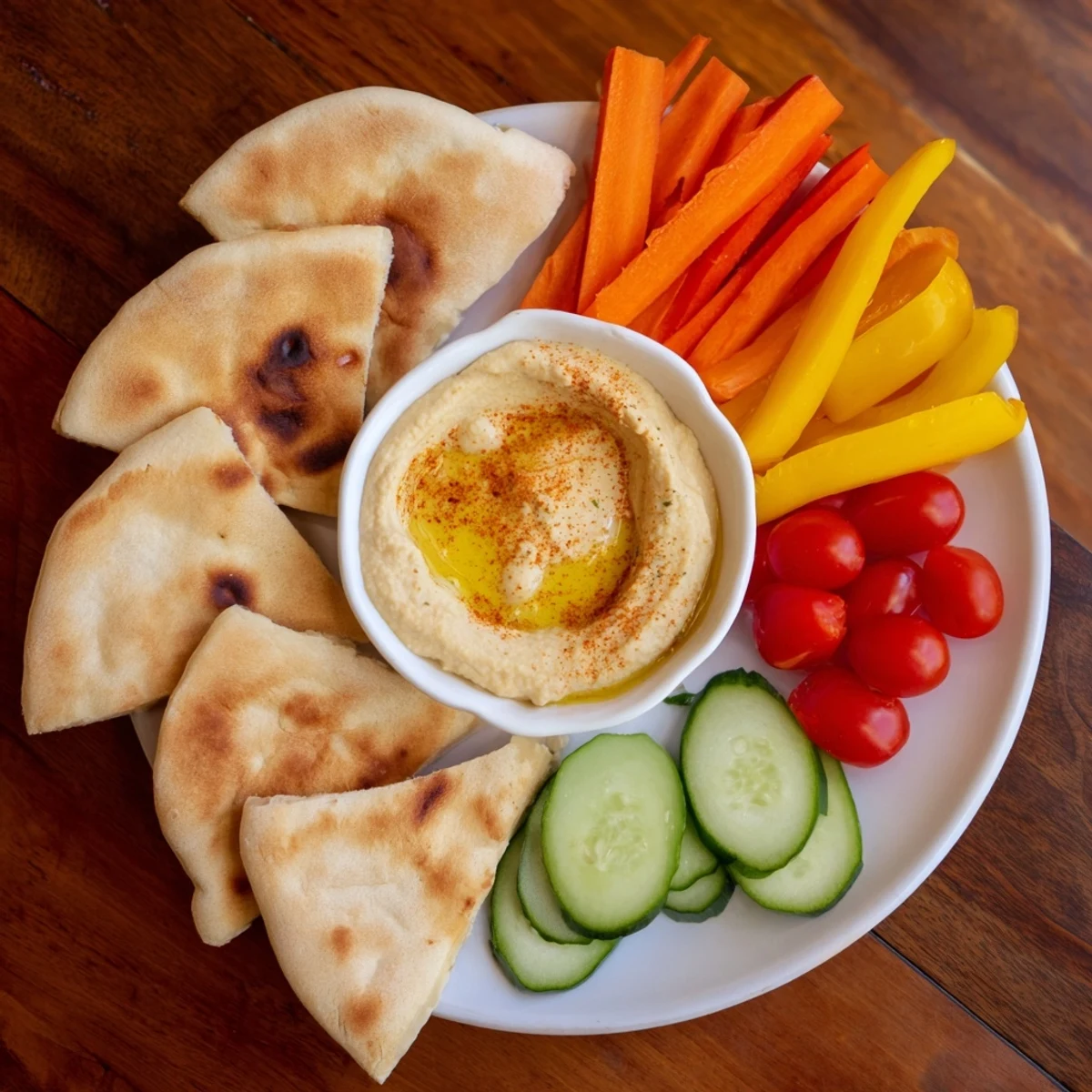 Creamy homemade hummus, warm pita bread, and crisp veggies make a perfect DIY Hummus platter.