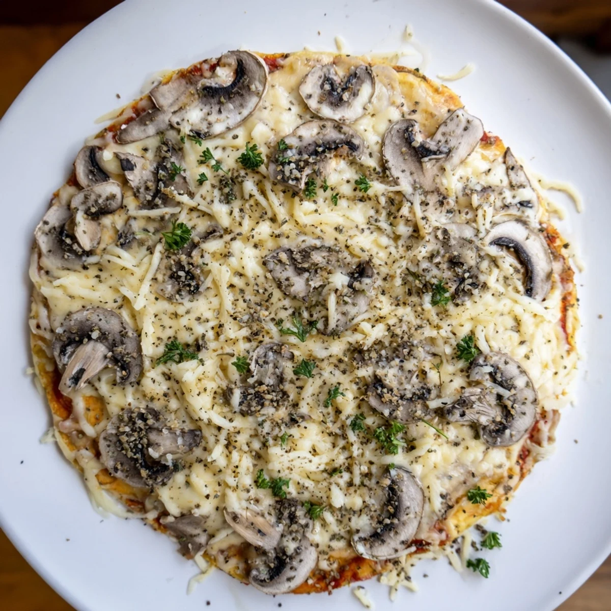 Golden-crusted, bubbly Frozen Pizza Upgrade topped with mushrooms, herbs, and melted extra cheese for dinner.