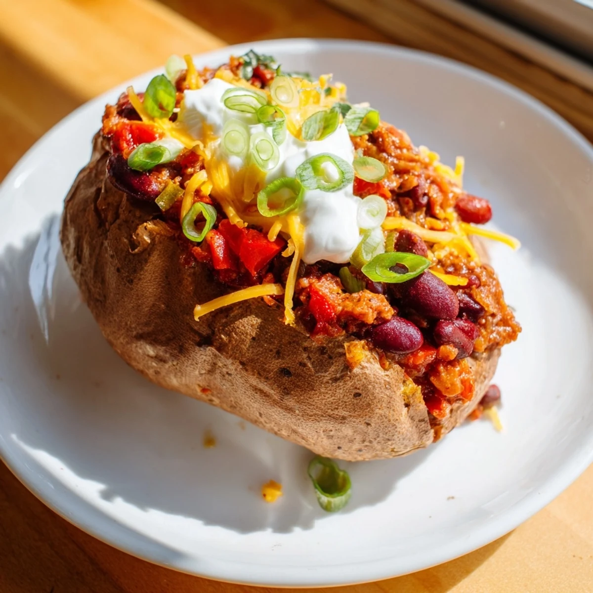 Steaming Chili-Style Baked Potatoes, loaded with a rich chili, cheese, and fresh green onions, look appetizing!