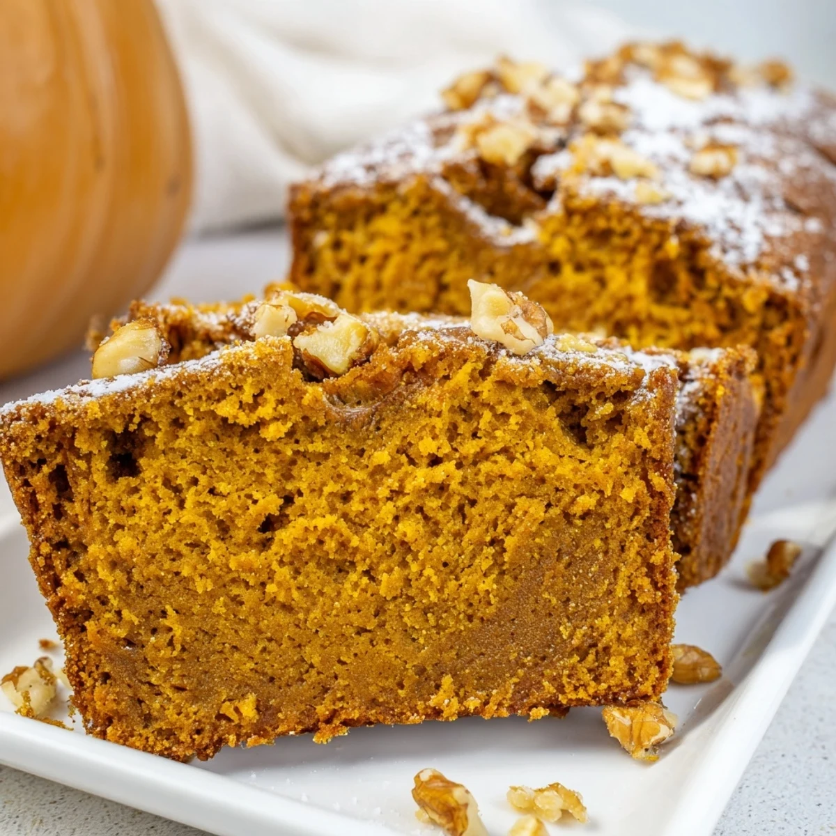 Warm, spiced pumpkin bread loaf, golden-brown and ready to serve with whipped cream.