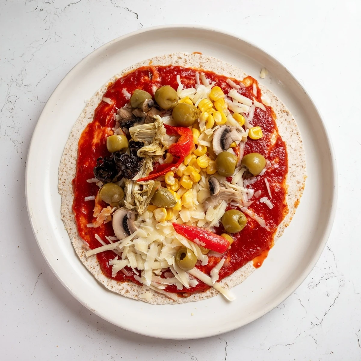 Golden-brown tortilla pizza fresh from the oven, offering a fast and easy pantry meal idea.