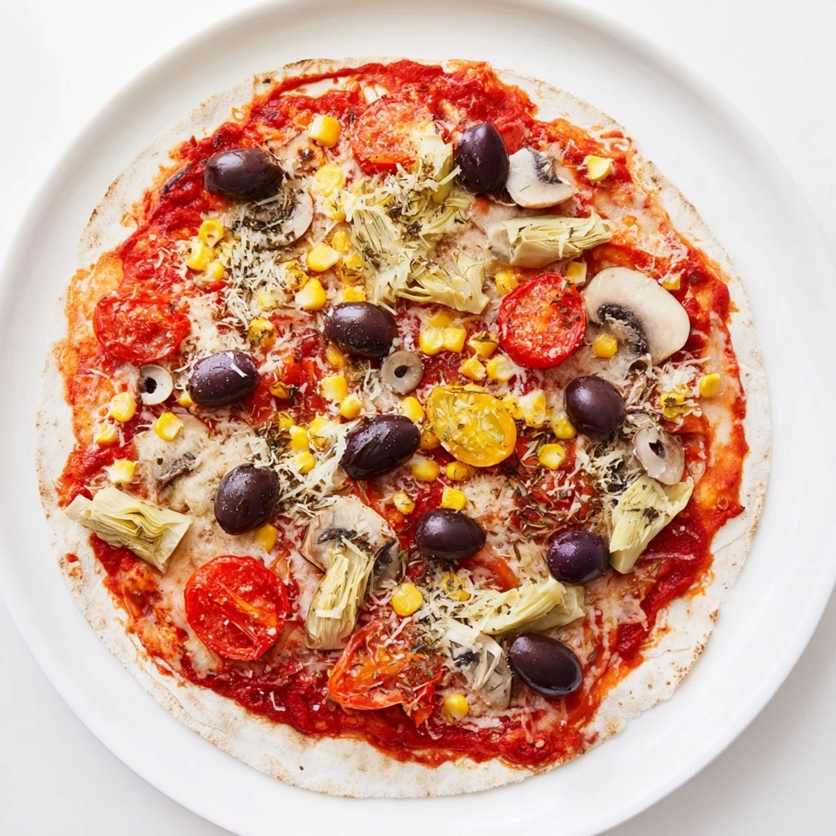 Close-up of a perfectly cooked tortilla pizza with mozzarella and vibrant toppings ready to eat.