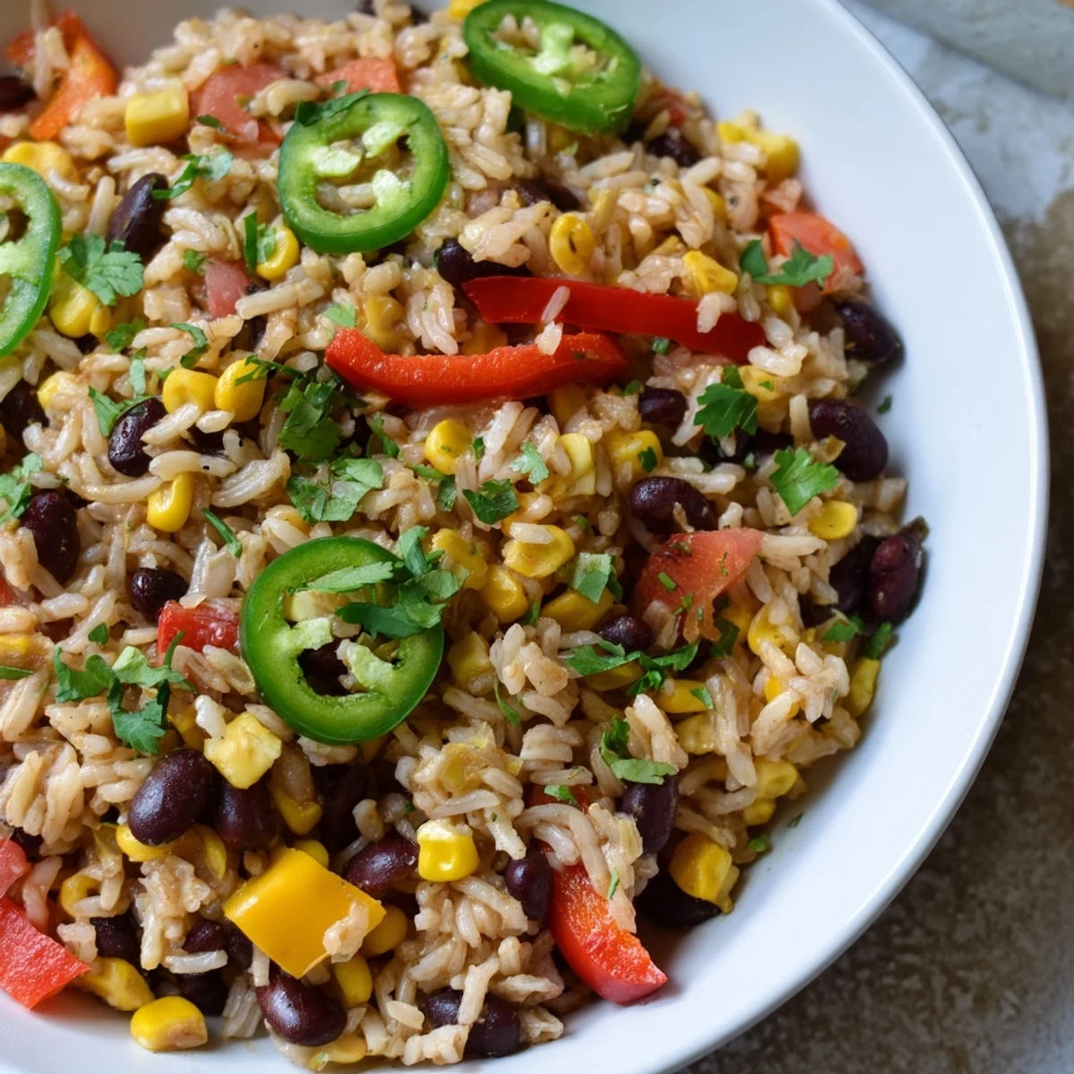 A close-up of the fully cooked One-Pot Mexican Rice & Beans, ready to serve with lime wedges.