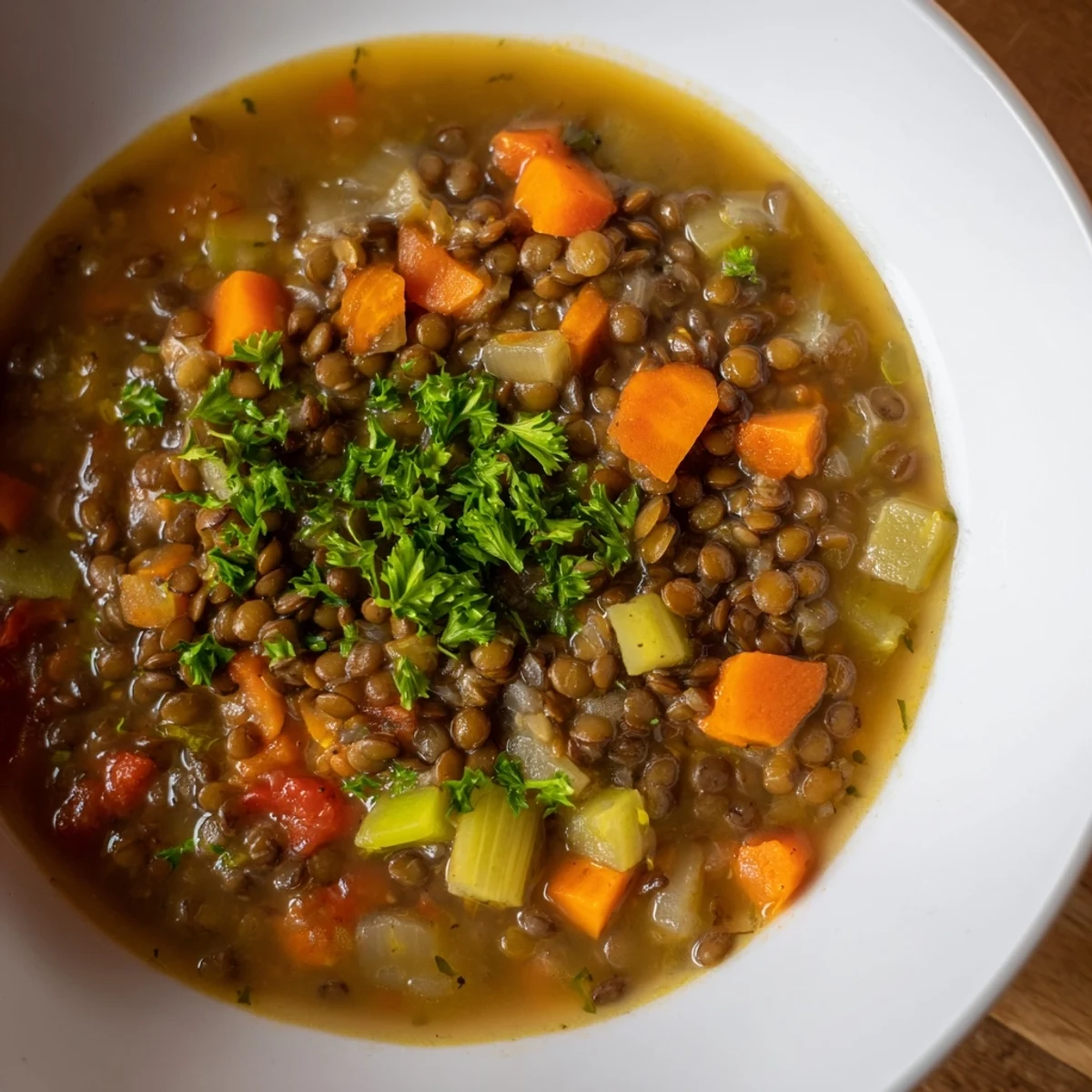 A vibrant close-up of hearty Lentil Soup, full of tender vegetables, offers a warming meal.