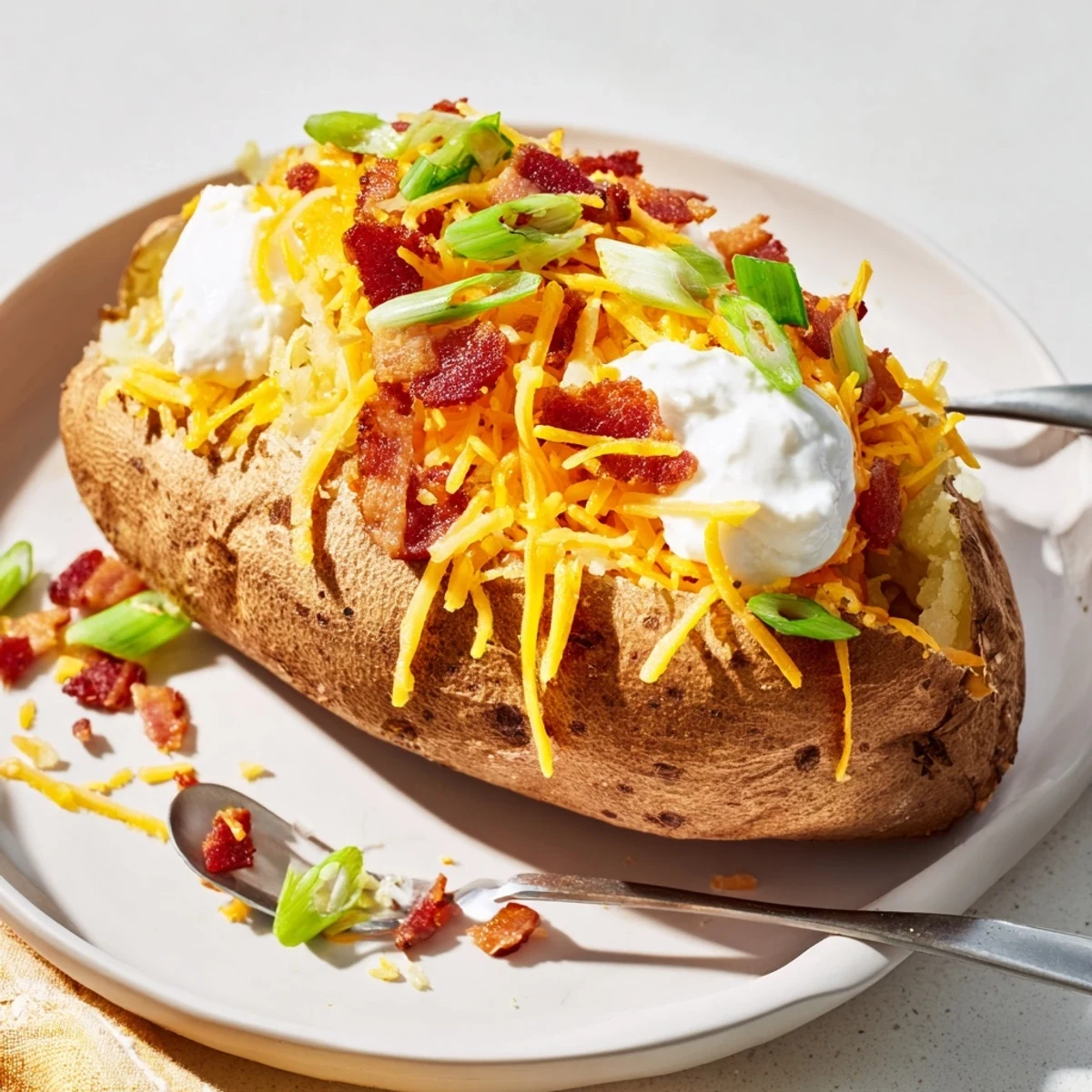 A close-up of a loaded baked potato bar, featuring all the vibrant, fresh topping options.