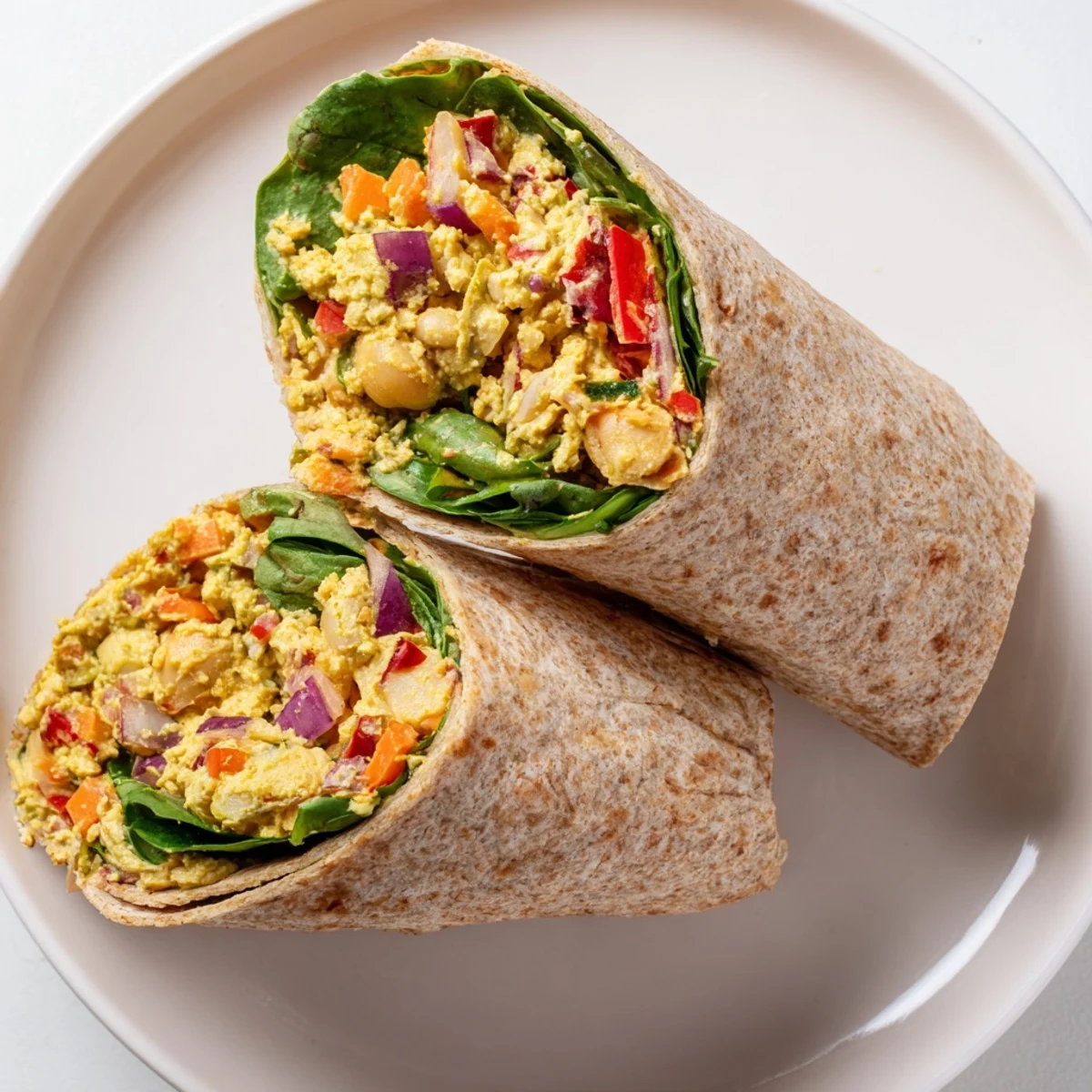 Close-up of a vibrant chickpea salad wrap, ready to eat with visible fresh vegetables layered inside.
