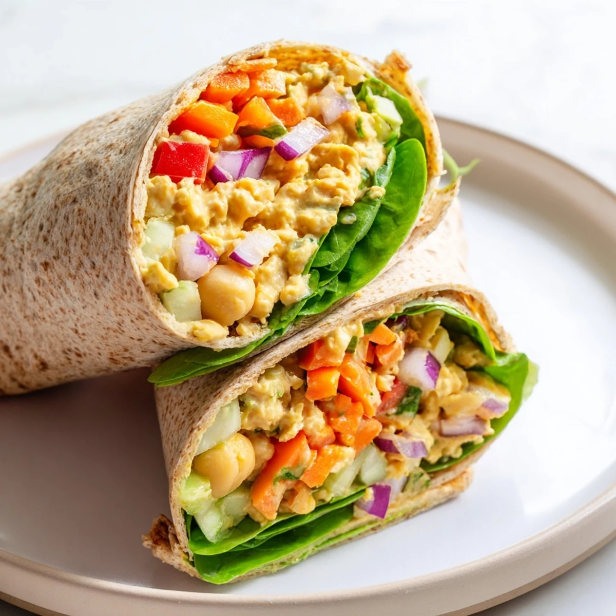 A delicious Chickpea Salad Wrap, sliced to reveal fresh veggie fillings for a satisfying meal.