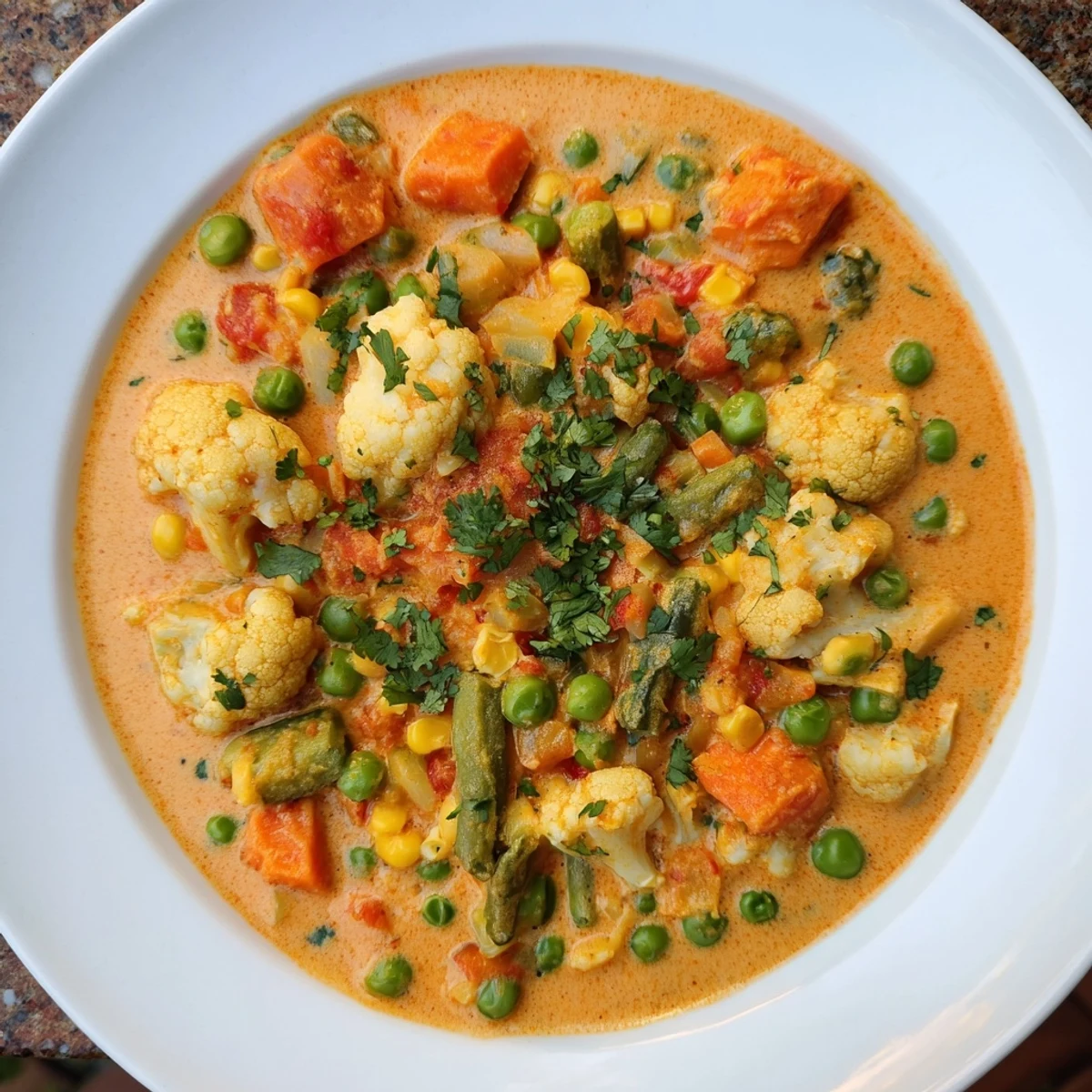 Steaming hot veggie coconut curry, a flavorful vegan main dish served with fluffy rice.