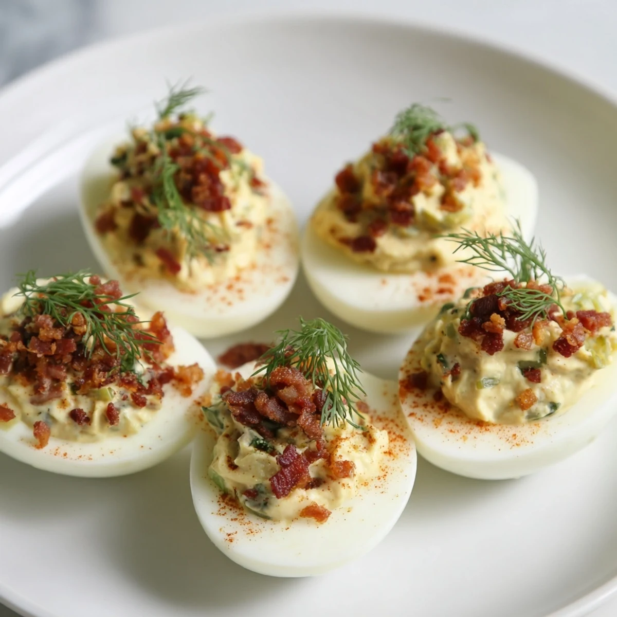 Picture perfect loaded deviled eggs recipe, showcasing bacon crumbles and a dusting of smoked paprika.