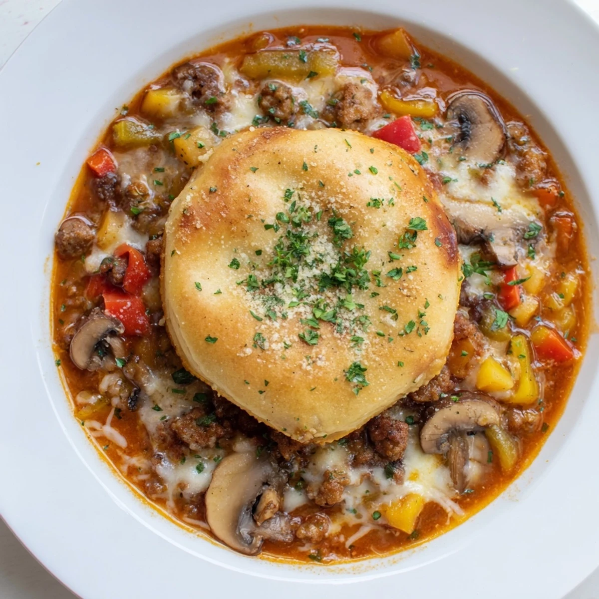 Hearty Pizza Pot Pie Soup mashup bubbling with melted cheese, ready for scooping and enjoying.