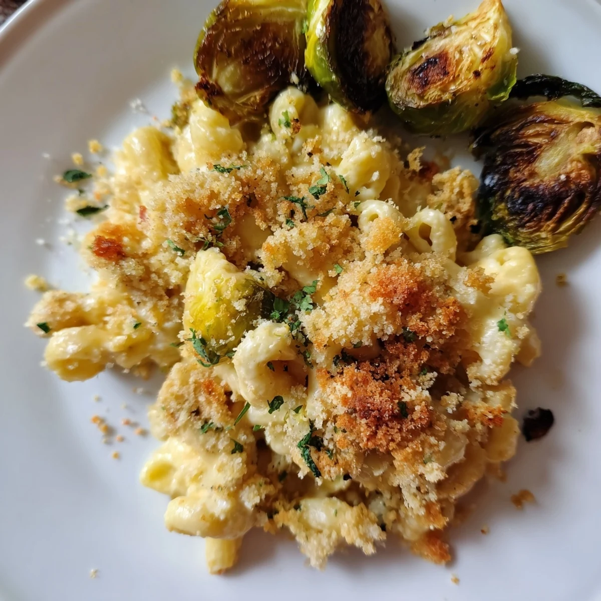 Sheet Pan Mac and Cheese with Brussels Sprouts, golden brown and bubbly, ready to serve with crispy edges.