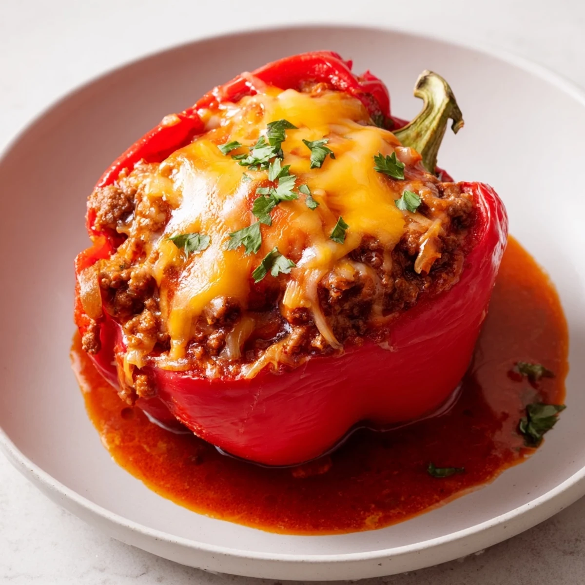 Steaming Sloppy Joe Stuffed Peppers, topped with melted cheese, offer a comforting, hearty meal.