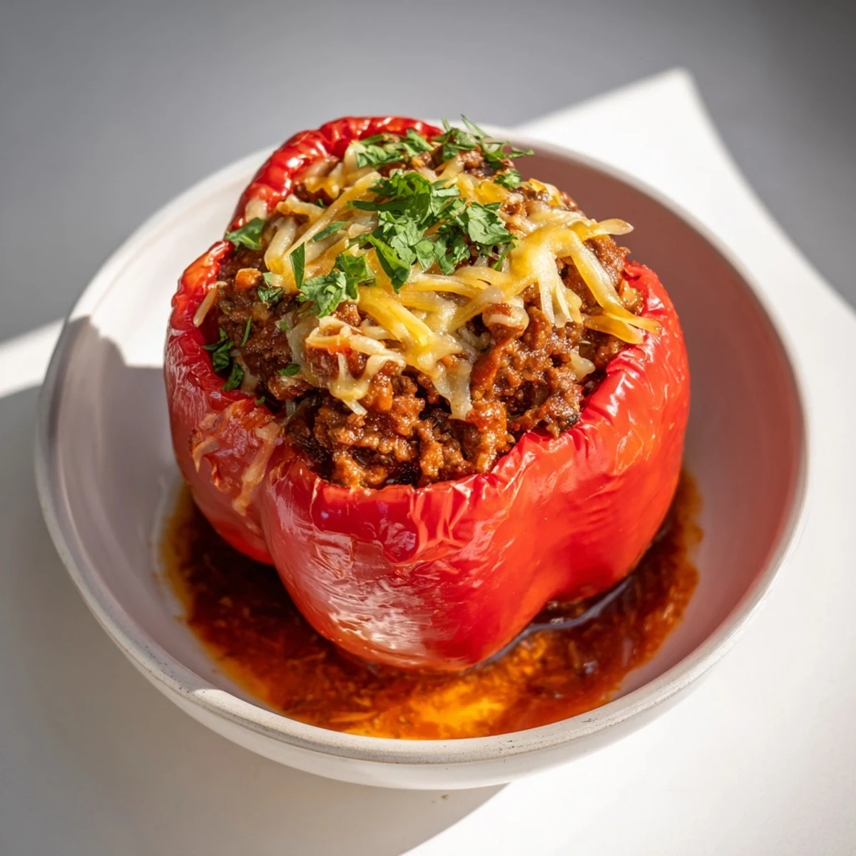 A close-up view of the baked Sloppy Joe Stuffed Peppers with a vibrant, flavorful meat filling.