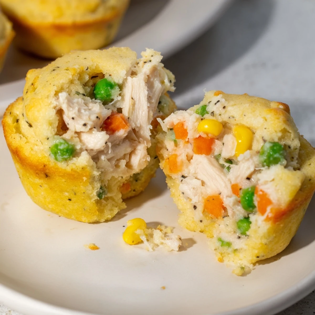 Perfectly baked Mini Chicken Pot Pie Cornbread Muffins with a flaky crust, ideal for an appetizer.