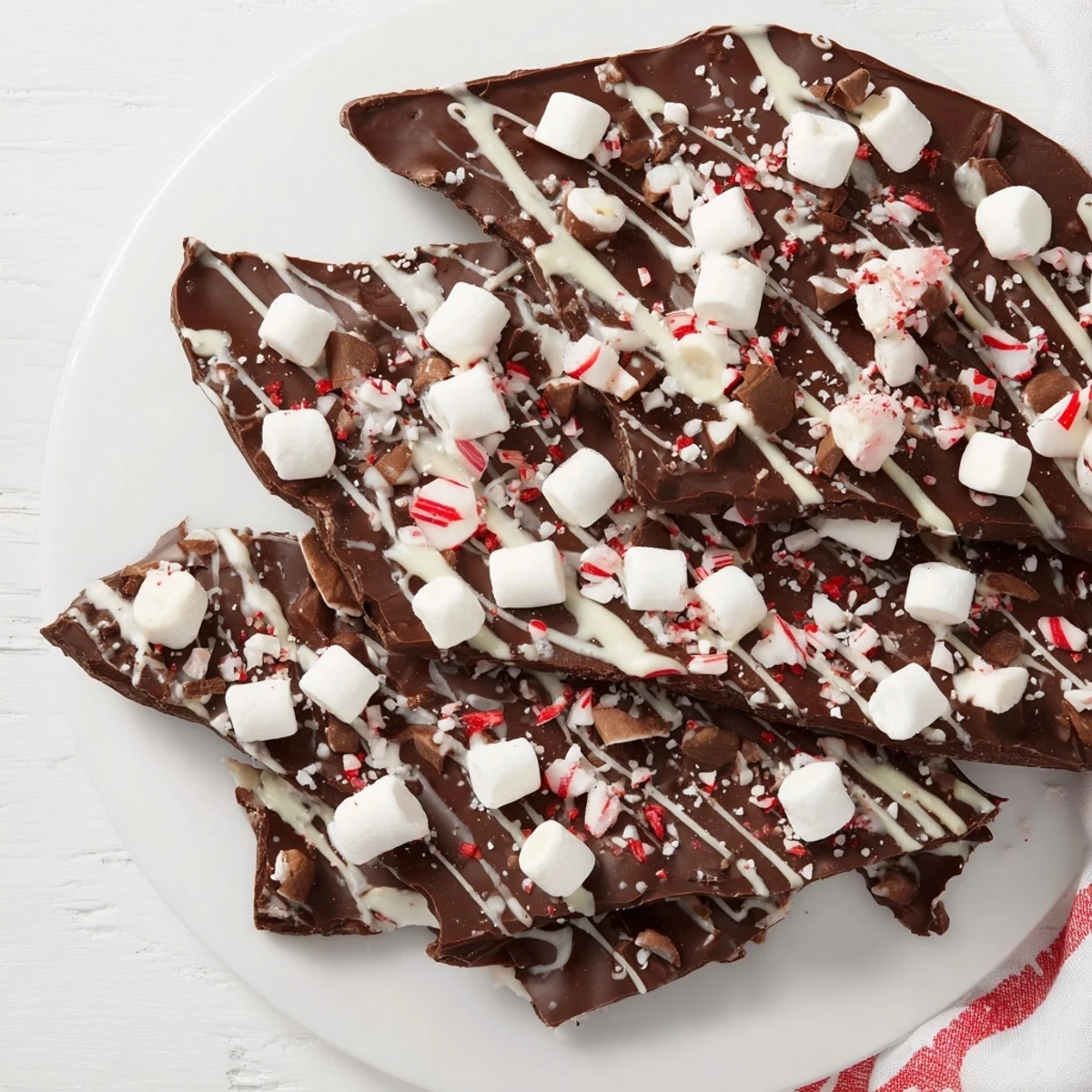 Rich, decadent Hot Chocolate Bomb Bark with marshmallows and peppermint, ready to break and enjoy.