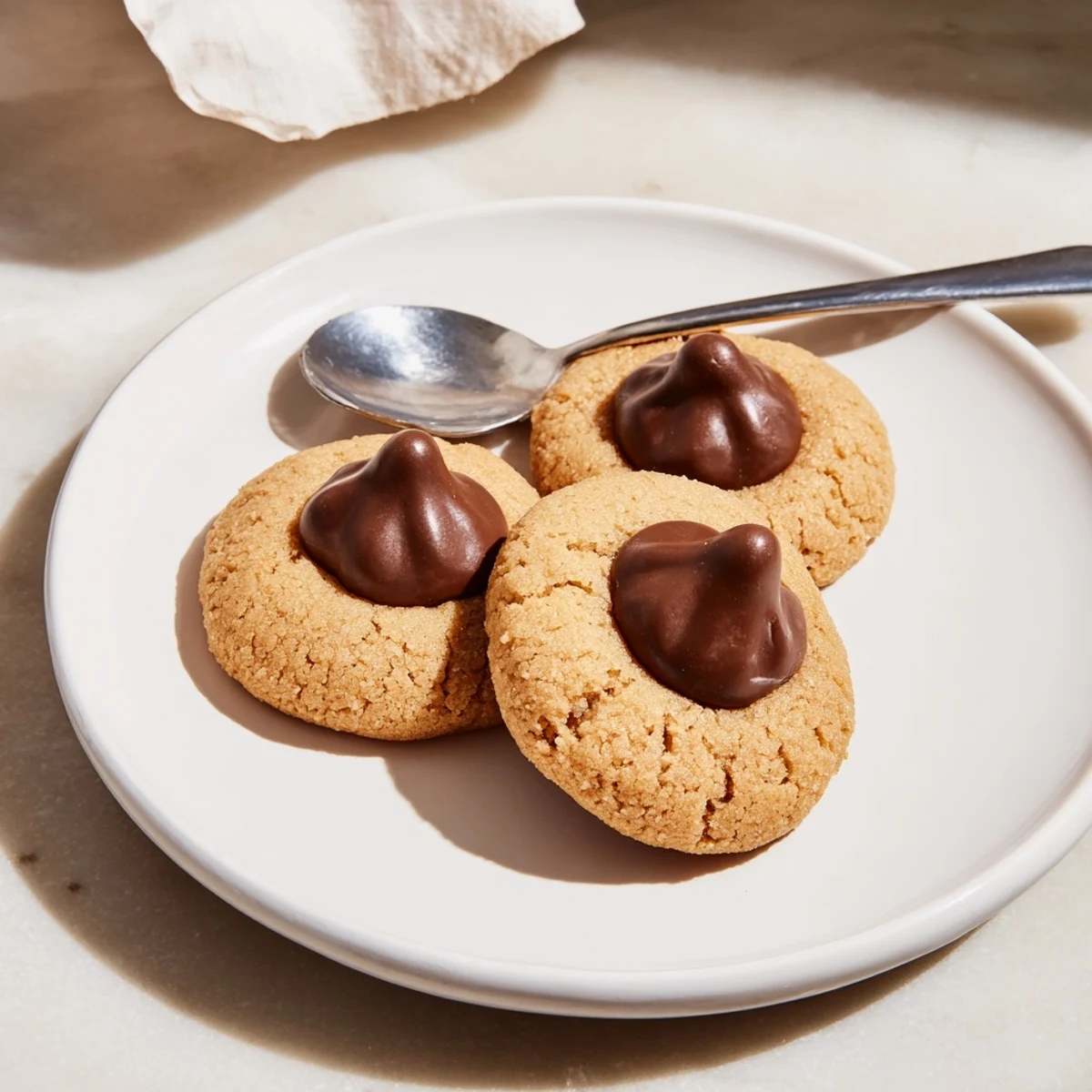 Warm, soft 3-Ingredient Peanut Butter Blossoms, with melted chocolate kiss centers, ready to enjoy.