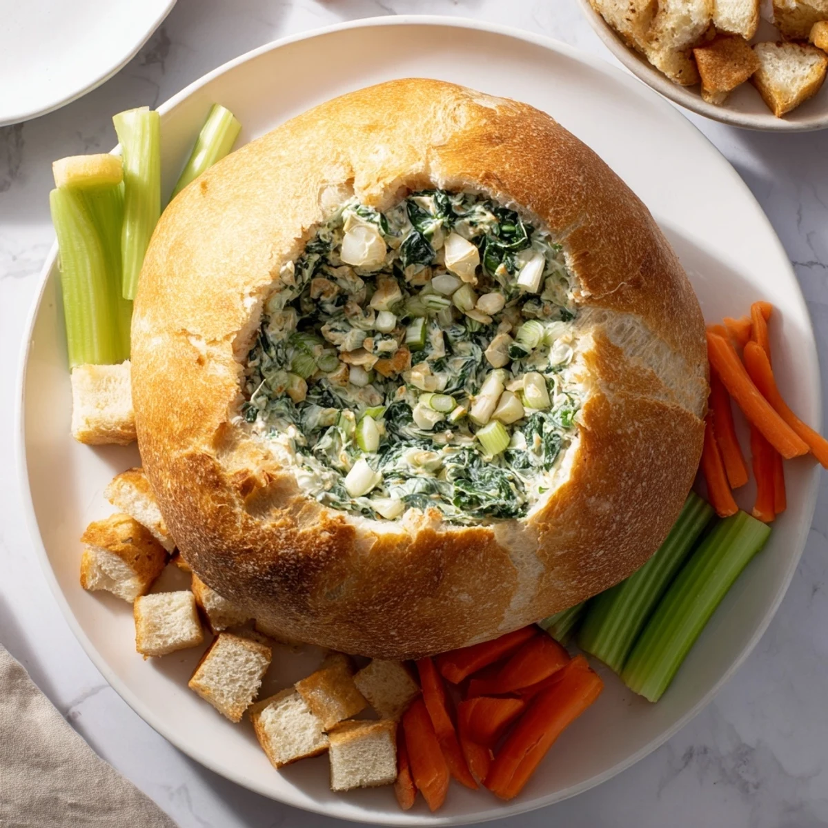 Freshly baked bread cradles the rich, flavorful spinach dip, accompanied by colorful vegetable dippers.
