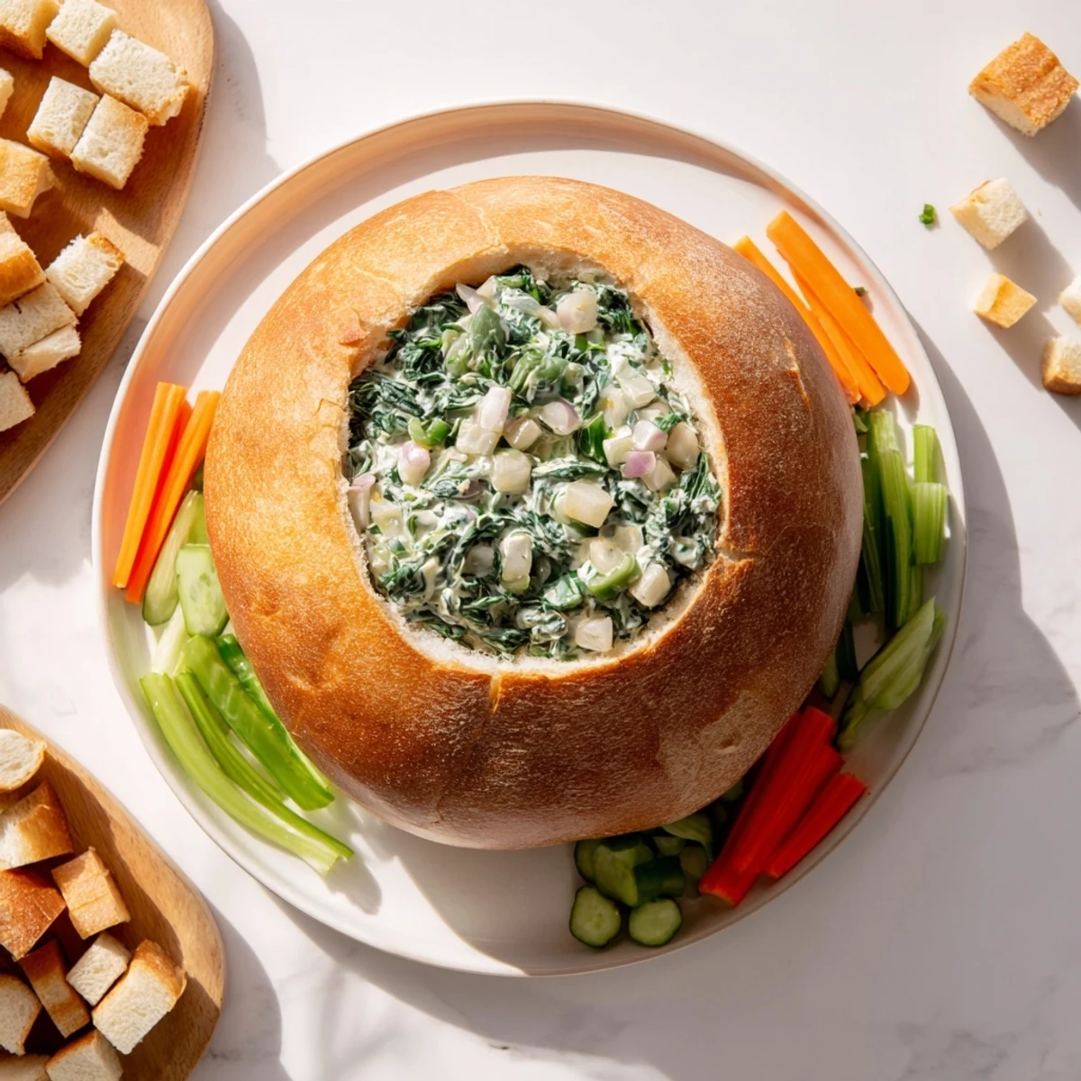 A bread bowl overflows with creamy, vibrant spinach dip, an irresistible appetizer on a platter.
