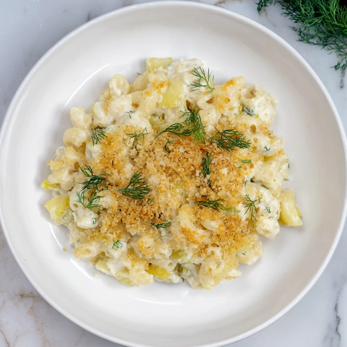 A heaping bowl of Pickle Mac and Cheese, showcasing creamy, cheesy, pickle-infused goodness.