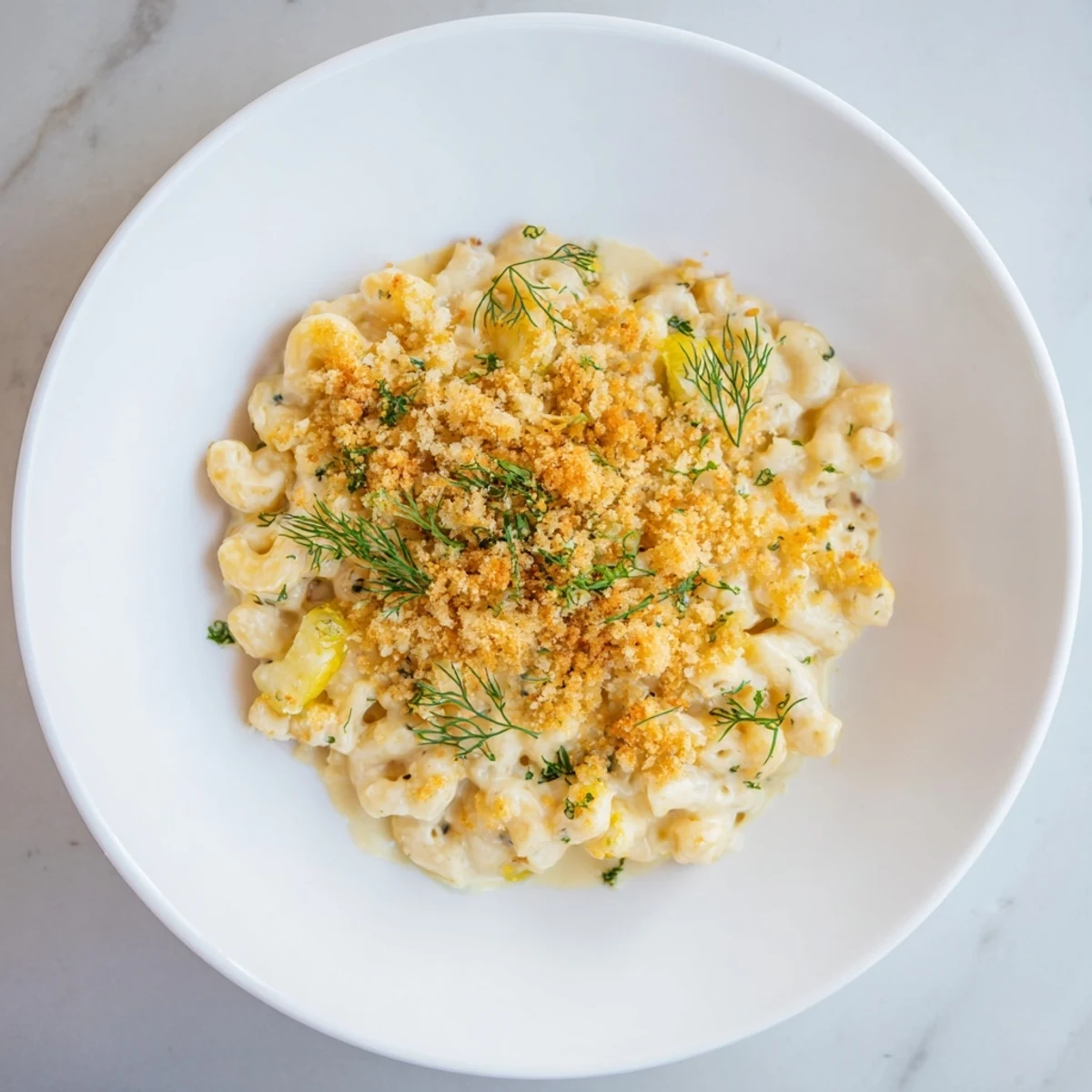 Fresh dill garnishes the finished Pickle Mac and Cheese; a comforting, visually appealing dish.