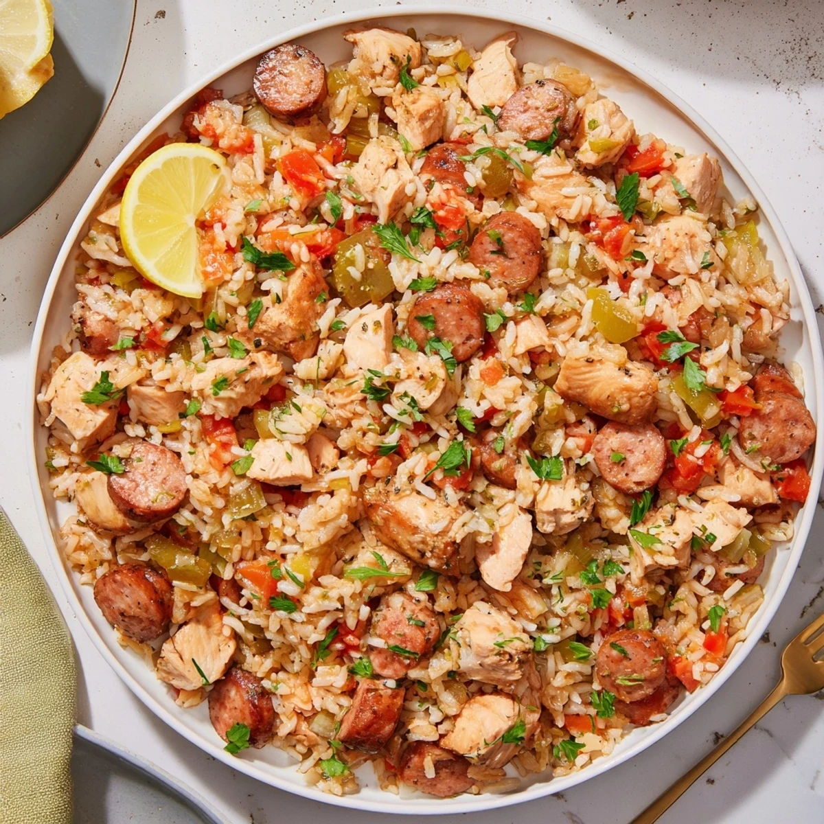 Simple Chicken and Sausage Jambalaya Bake, a vibrant one-pan meal with tender chicken and smoky sausage.