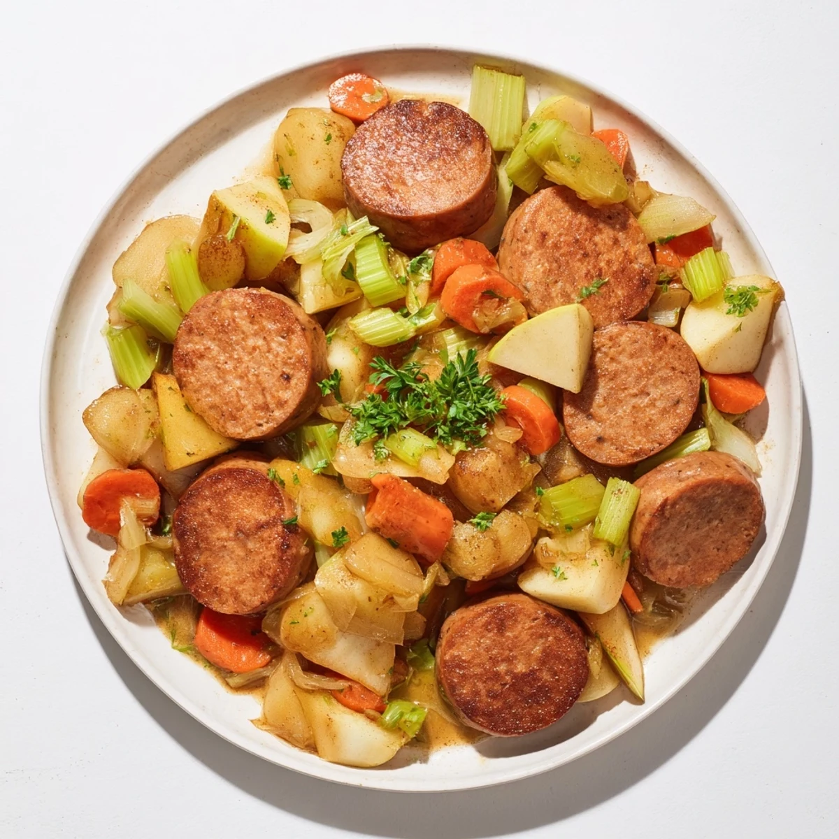 A comforting bowl of freshly made Stovetop Sausage, Celery, and Apple Hotpot ready to warm you up.