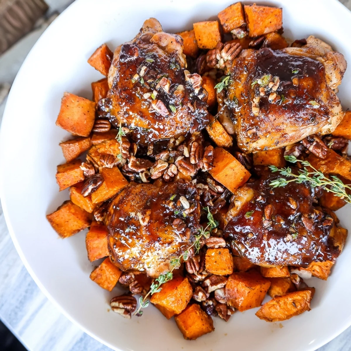 Golden-brown maple glazed chicken alongside sweet potatoes, a comforting American dish ready to serve.