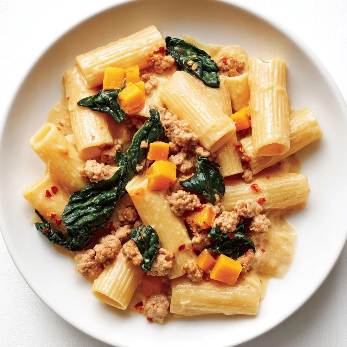 This photo depicts a vibrant Creamy Rigatoni with Butternut Squash; the sausage looks beautifully browned.