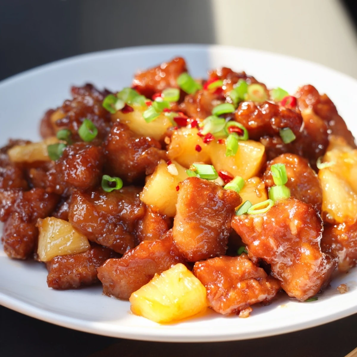Golden brown, glazed Brown Sugar Pineapple Chicken, ready to be served over fluffy rice, smells amazing.