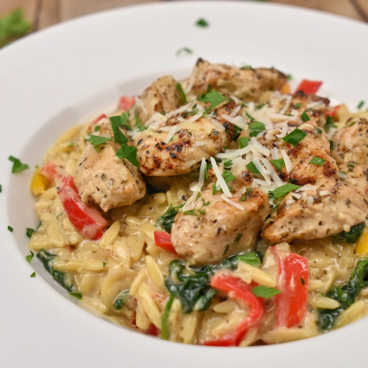 Skillet of One-Pot Cajun Chicken Alfredo Orzo, a creamy, golden meal with cheesy Parmesan topping.