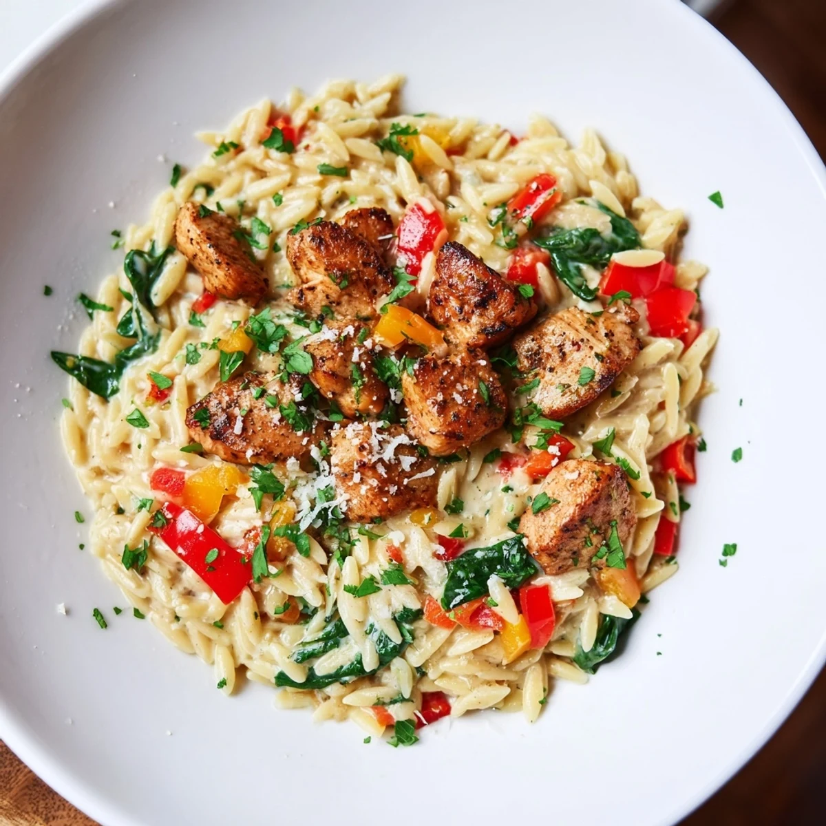 Savor the aroma of creamy, zesty One-Pot Cajun Chicken Alfredo Orzo, a complete dinner ready in one pot.