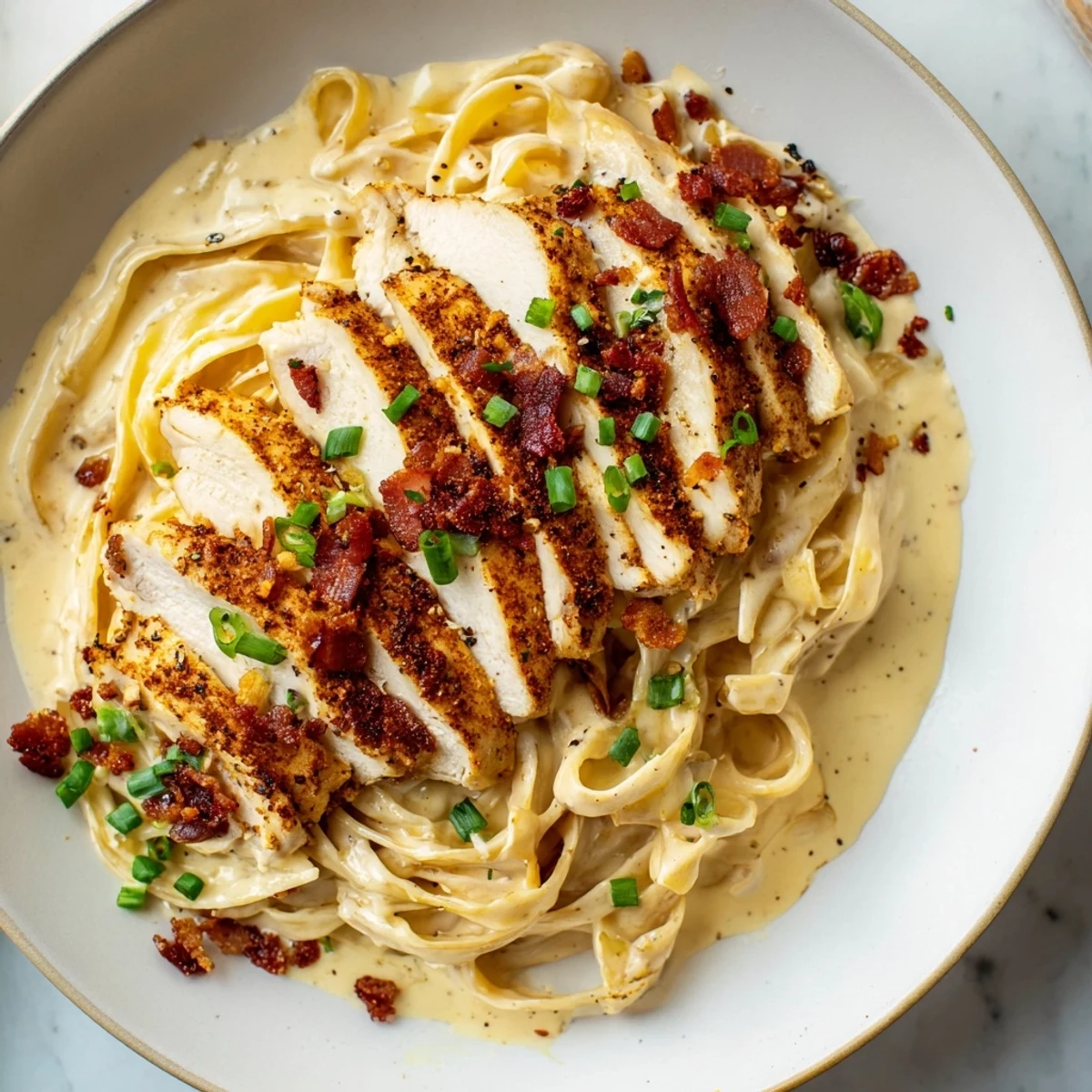 A warm bowl brimming with Southern Style Creamy Parmesan Chicken Pasta, garnished with fresh herbs and crumbled bacon.