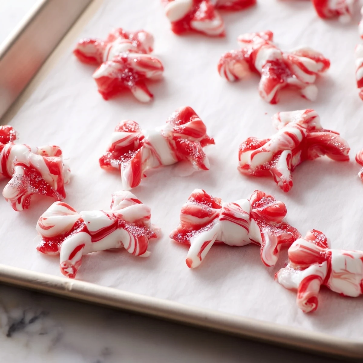 Warm, melted Express Peppermint Candy Bows shaped into festive, edible holiday decorations on a tray.