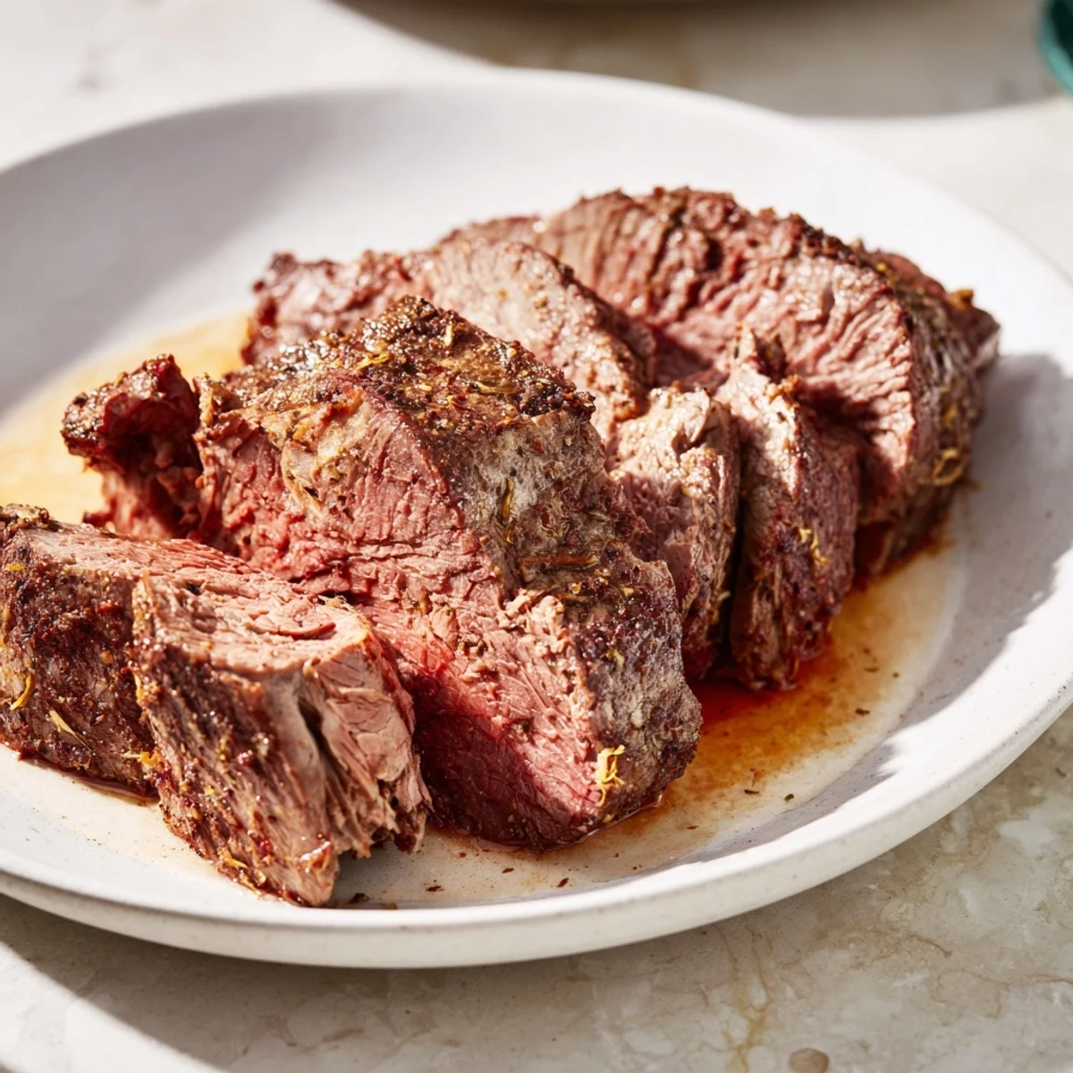 Tender Budget Holiday Chuck Roast, glistening from the oven, served with savory pan juices.