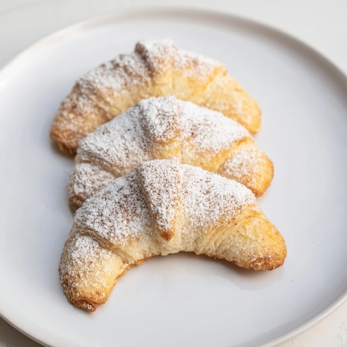 Close-up of buttery Quick Christmas Cookie Croissants, showing their crescent shape and almond flecks.