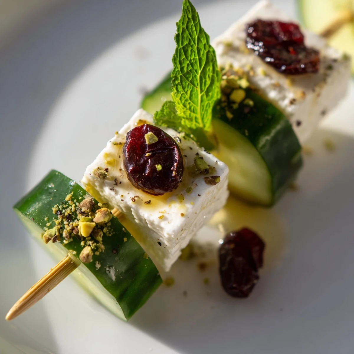 Holiday Cranberry-Feta Skewers drizzled with honey, boasting a beautiful mix of red, green, and white.