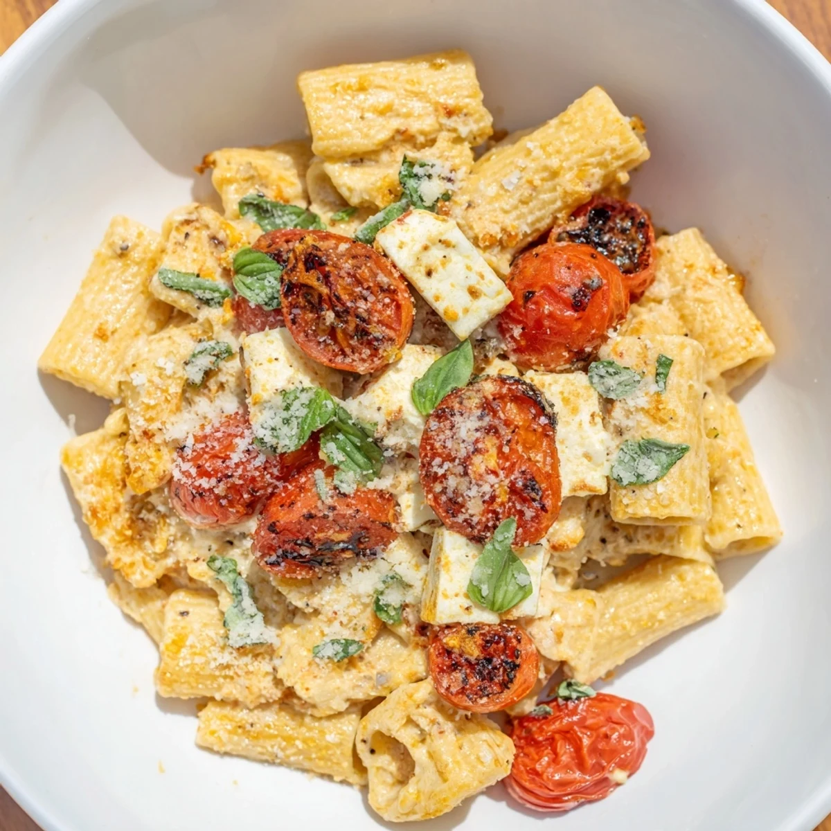 Golden melted cheese blankets the Four-Cheese Baked Block Pasta, with vibrant red tomatoes.