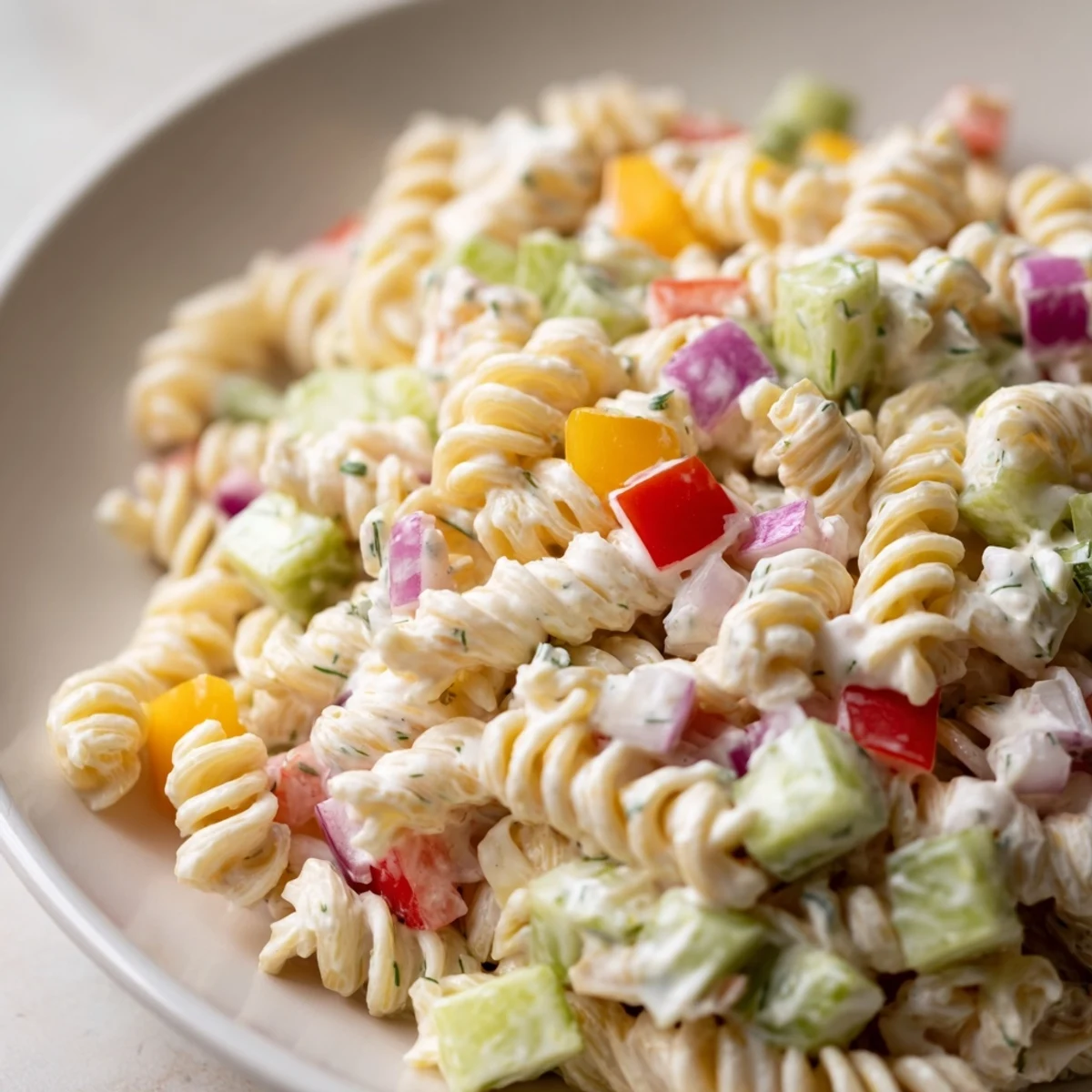 This photo features a cold, refreshing Dill Pickle Chopped Pasta Salad with fresh dill garnish.