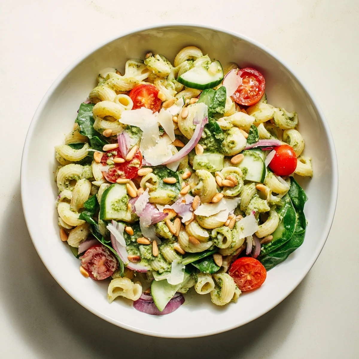A colorful Caesar pesto ditalini salad: pasta, veggies, and creamy dressing, a delightful lunch.