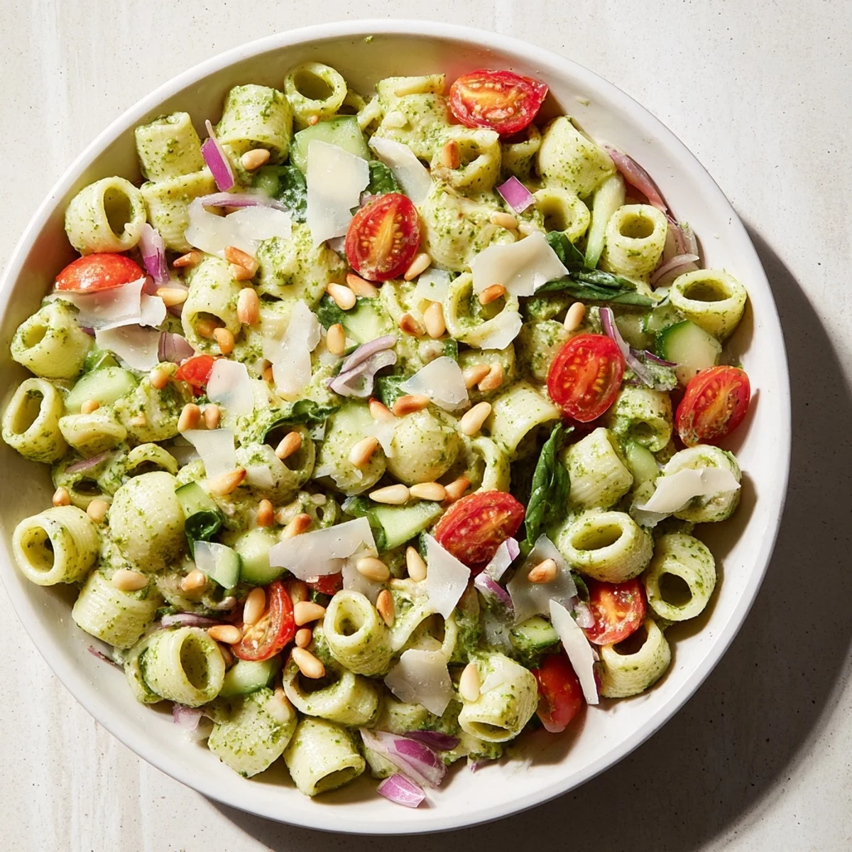 This Caesar pesto ditalini salad features perfectly cooked pasta, burst tomatoes, and Parmesan cheese, ready to enjoy.
