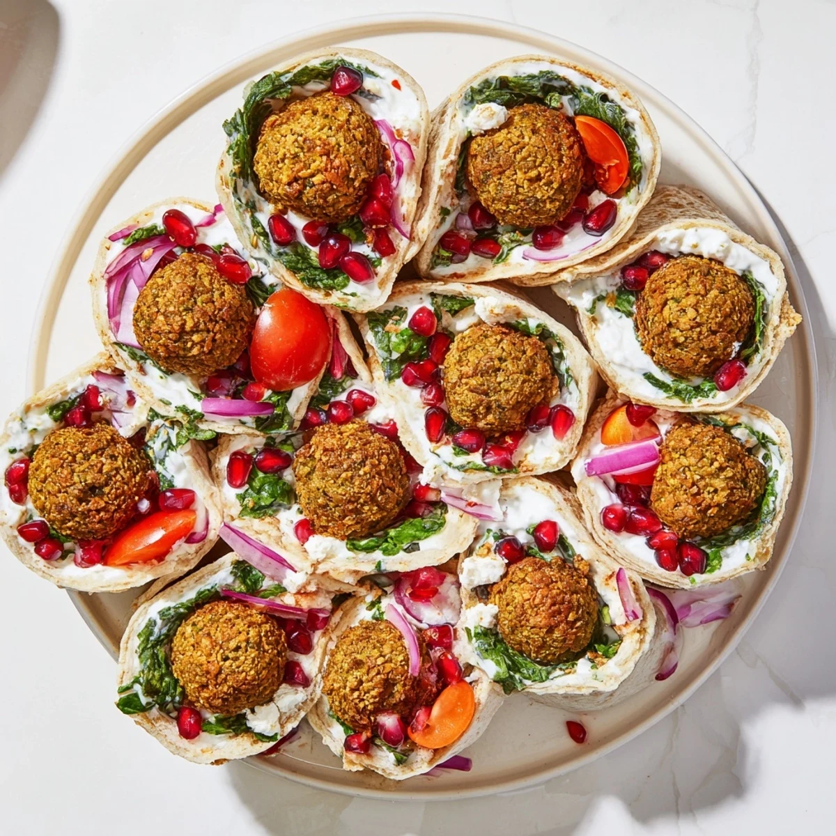 This beautifully arranged Festive Falafel & Tzatziki Christmas Wreath Wrap features crispy falafel and creamy tzatziki.