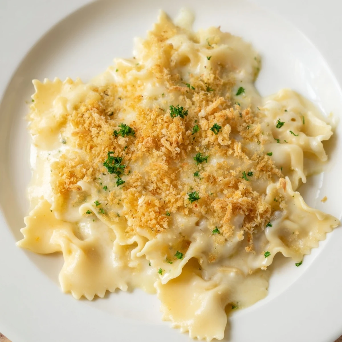 Golden-brown, bubbly Lightened Mac & Cheese Snowflake Pasta Bake, ready to scoop and enjoy.