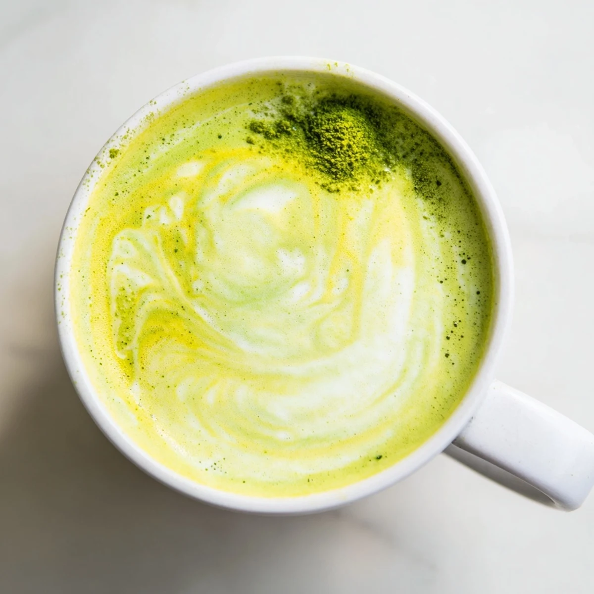 Steaming mug of Coconut Ginger Matcha Winter Immunity Latte, topped with frothy matcha, is perfect on a cold day.