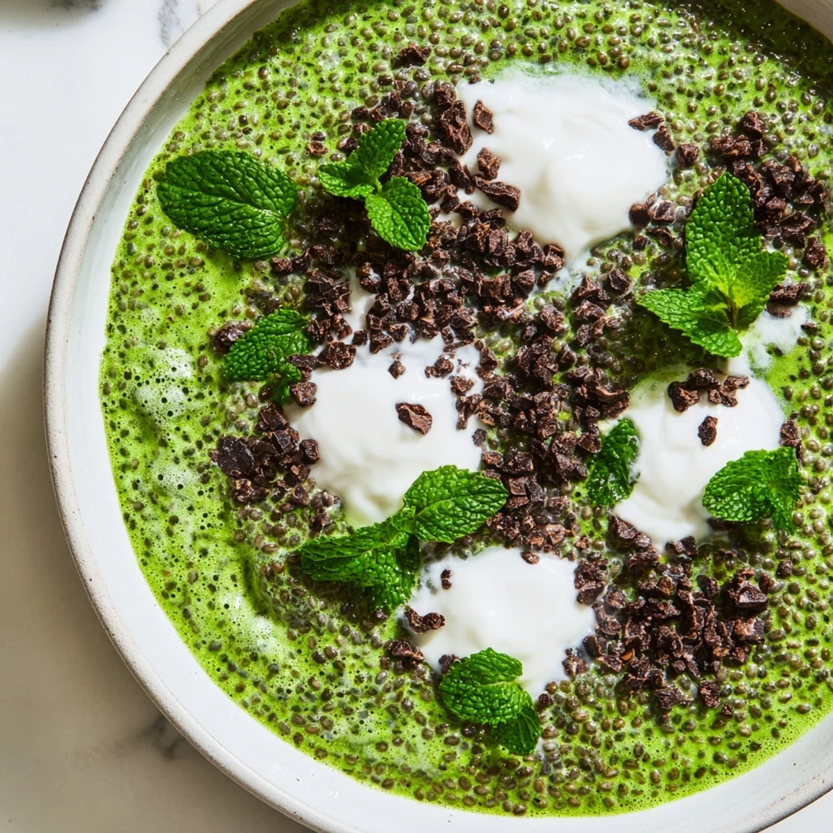 Cool, green Grinch Green Mint Matcha Chia Pudding with creamy layers, ready to be enjoyed as a treat.
